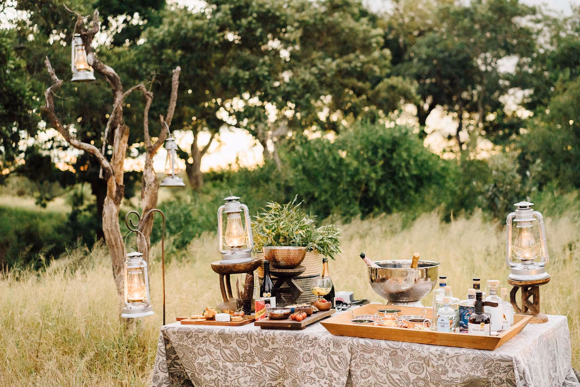 Sundowner table set out in the bush with lanterns